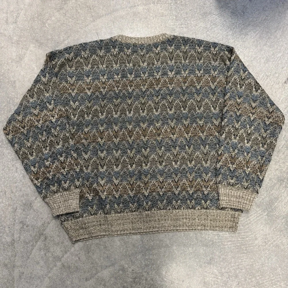Vintage Men's Brown Sweater Acrylic Geometric Knit Earthtone Crewneck XXL